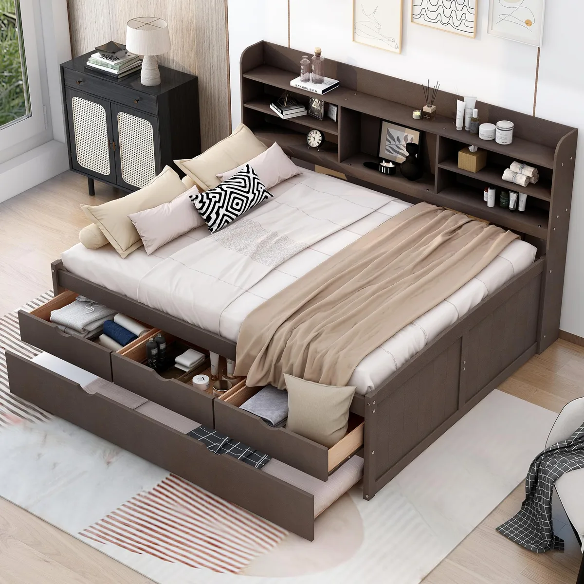 tuphen tuphen Full Size Captain Bed with Bookshelves, 3 Drawers, Trundle, Antique Brown — product photo