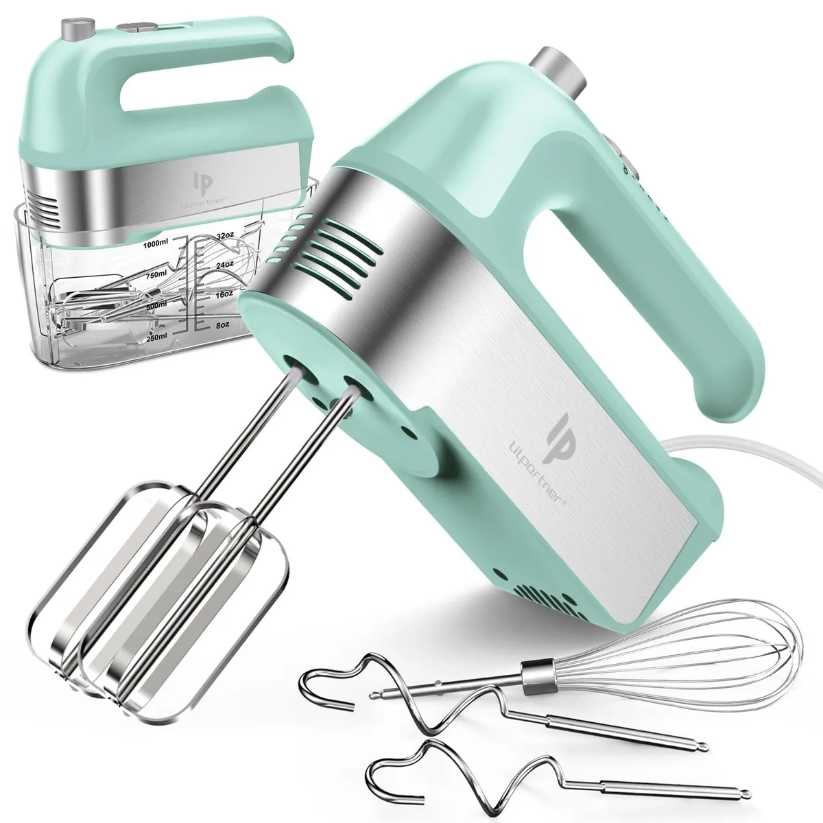 Green electric hand mixer with storage case and stainless steel attachments