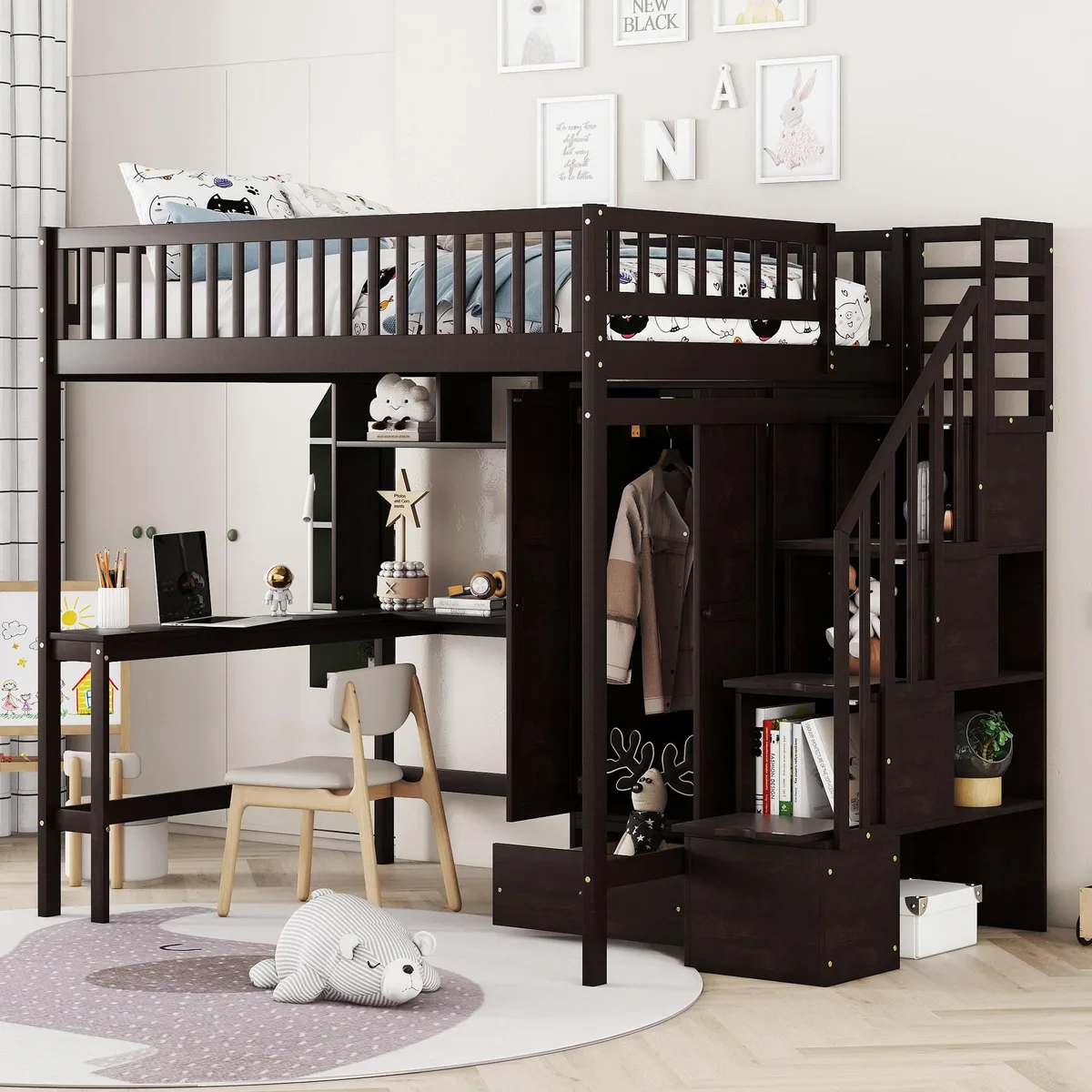 Espresso finished solid wood loft bed with integrated desk wardrobe drawers bookshelf