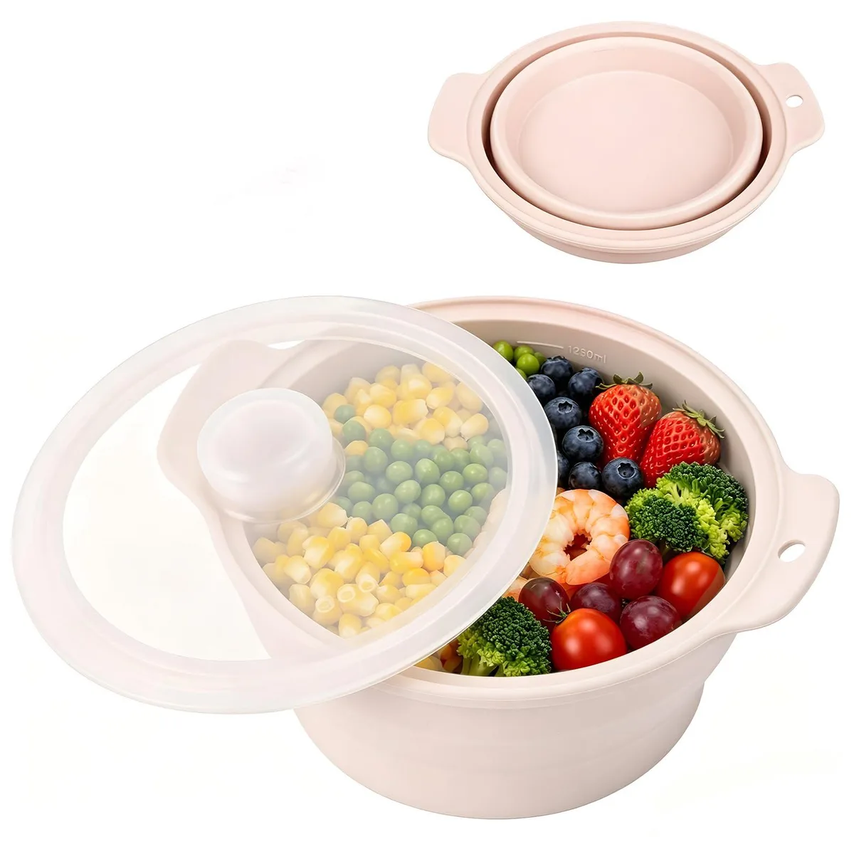 White collapsible silicone microwave steamer with lid and handles, folded flat