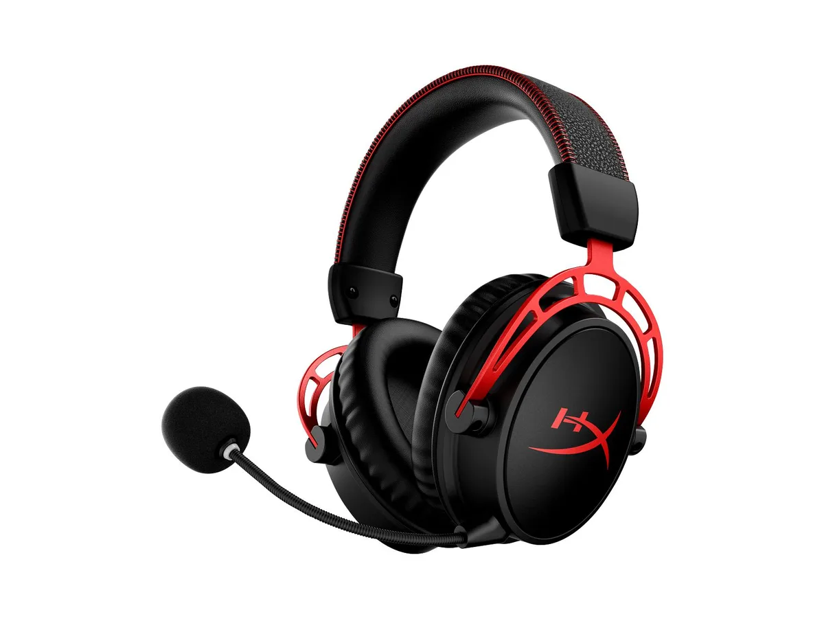 Black and red wireless gaming headset with aluminum frame and memory foam ear cups