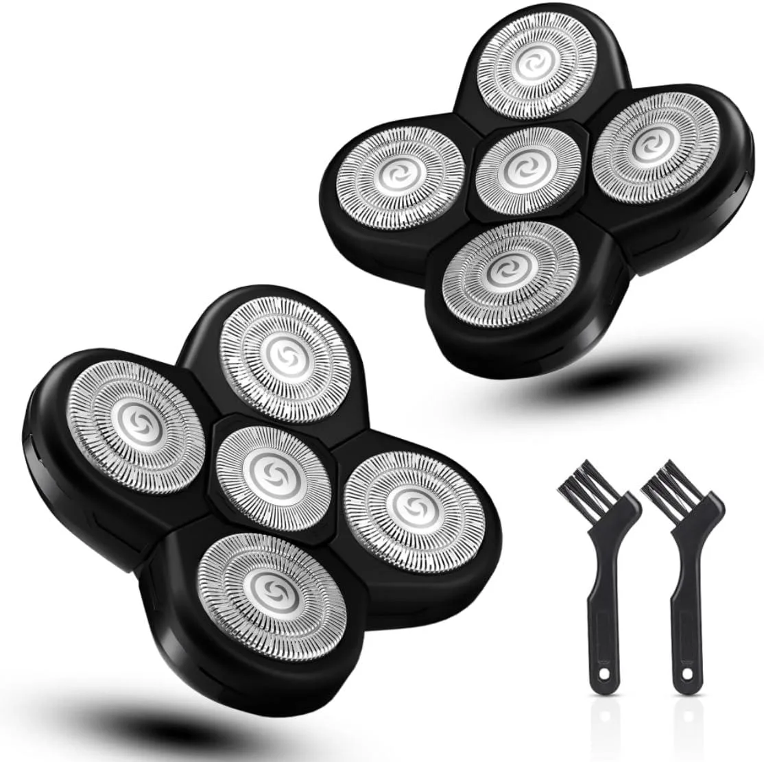 Two circular five-blade rotary shaver heads in silver stainless steel