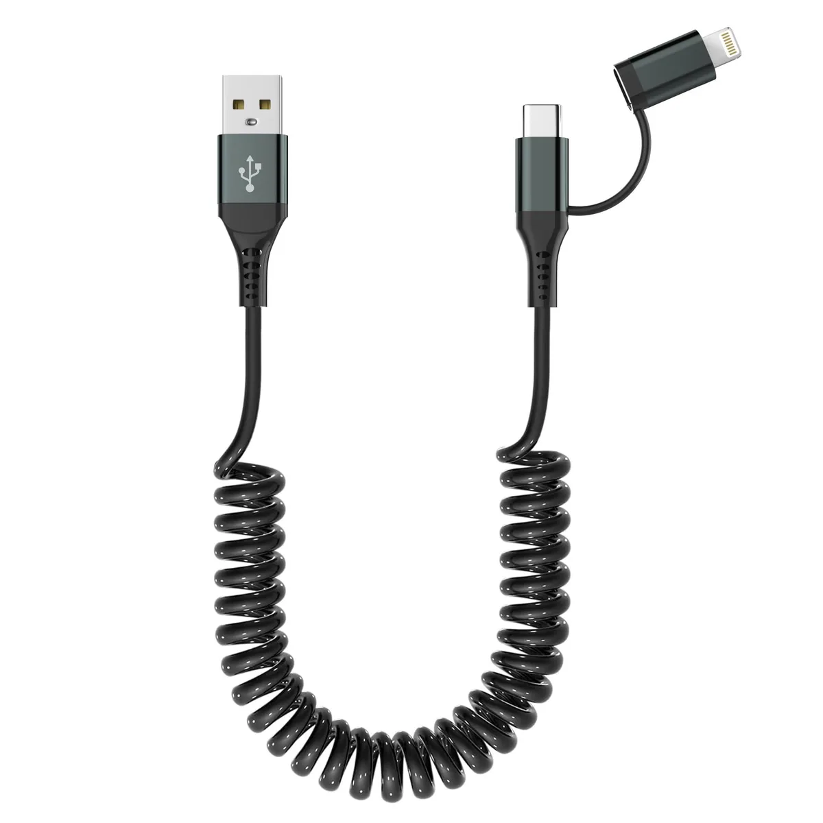 Grey coiled 2-in-1 cable with USB-A plug splitting to USB-C and Lightning connectors