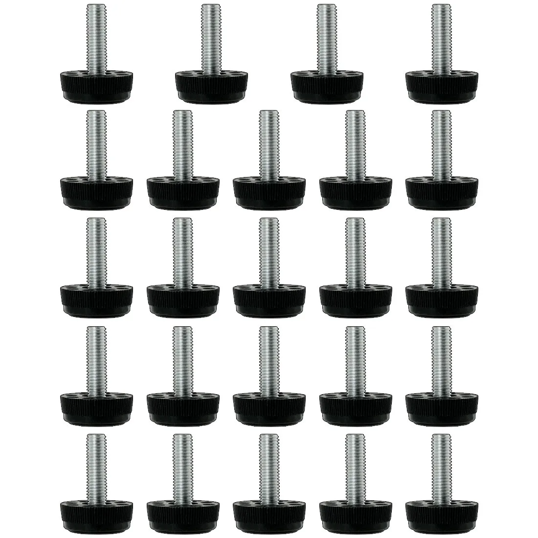Set of 24 M8 adjustable leveling feet with 28mm threaded stems and 30mm plastic bases