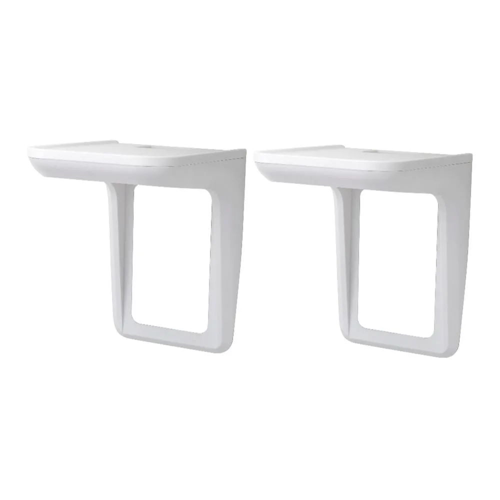 Two white plastic outlet shelves with steel faceplates and cable channels