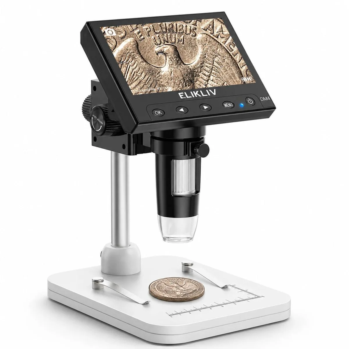 Elikliv EDM4 digital microscope with 4.3 inch LCD screen and eight LED lights on adjustable stand