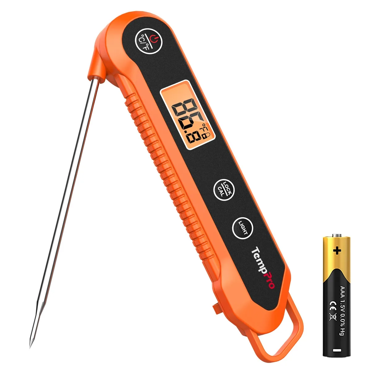 Orange digital meat thermometer with foldable stainless steel probe and backlit display