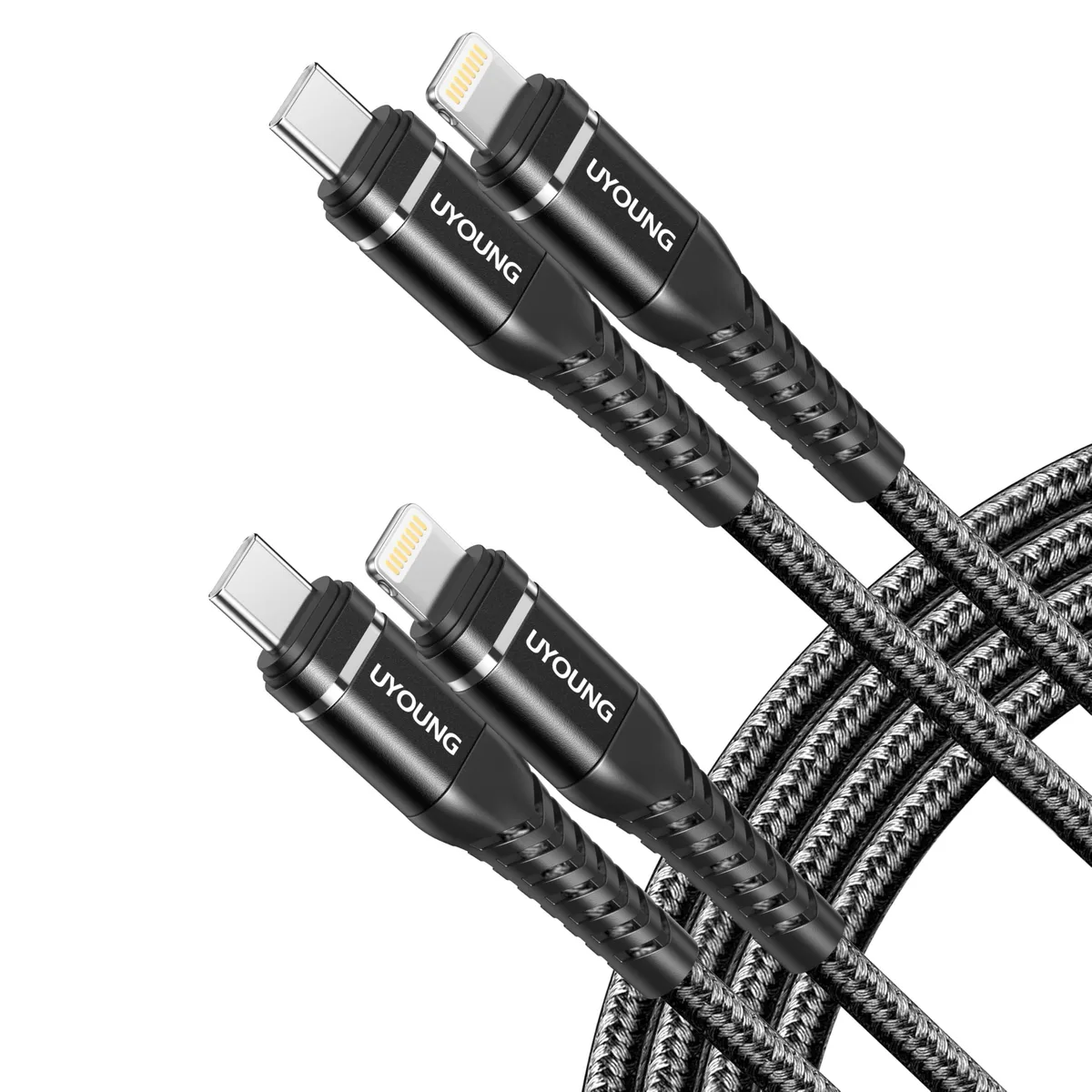 Two black nylon-braided USB-C to Lightning cables coiled together