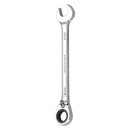 A chrome-finished 16 mm combination wrench with a 15-degree offset head
