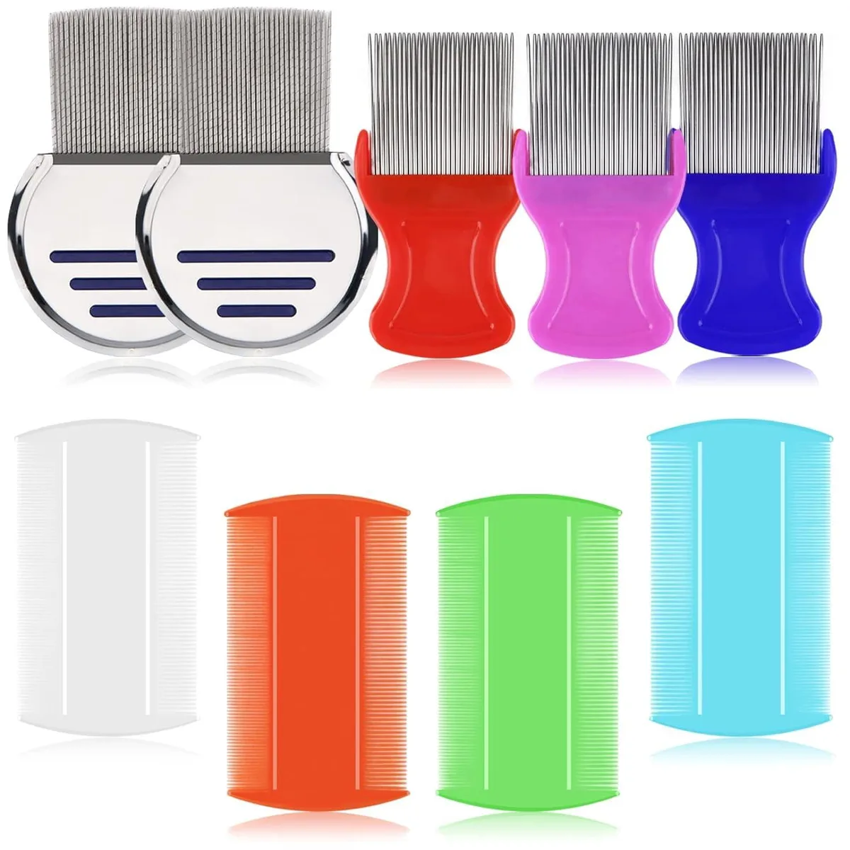 Nine assorted lice and flea combs, plastic and stainless steel, multicolour