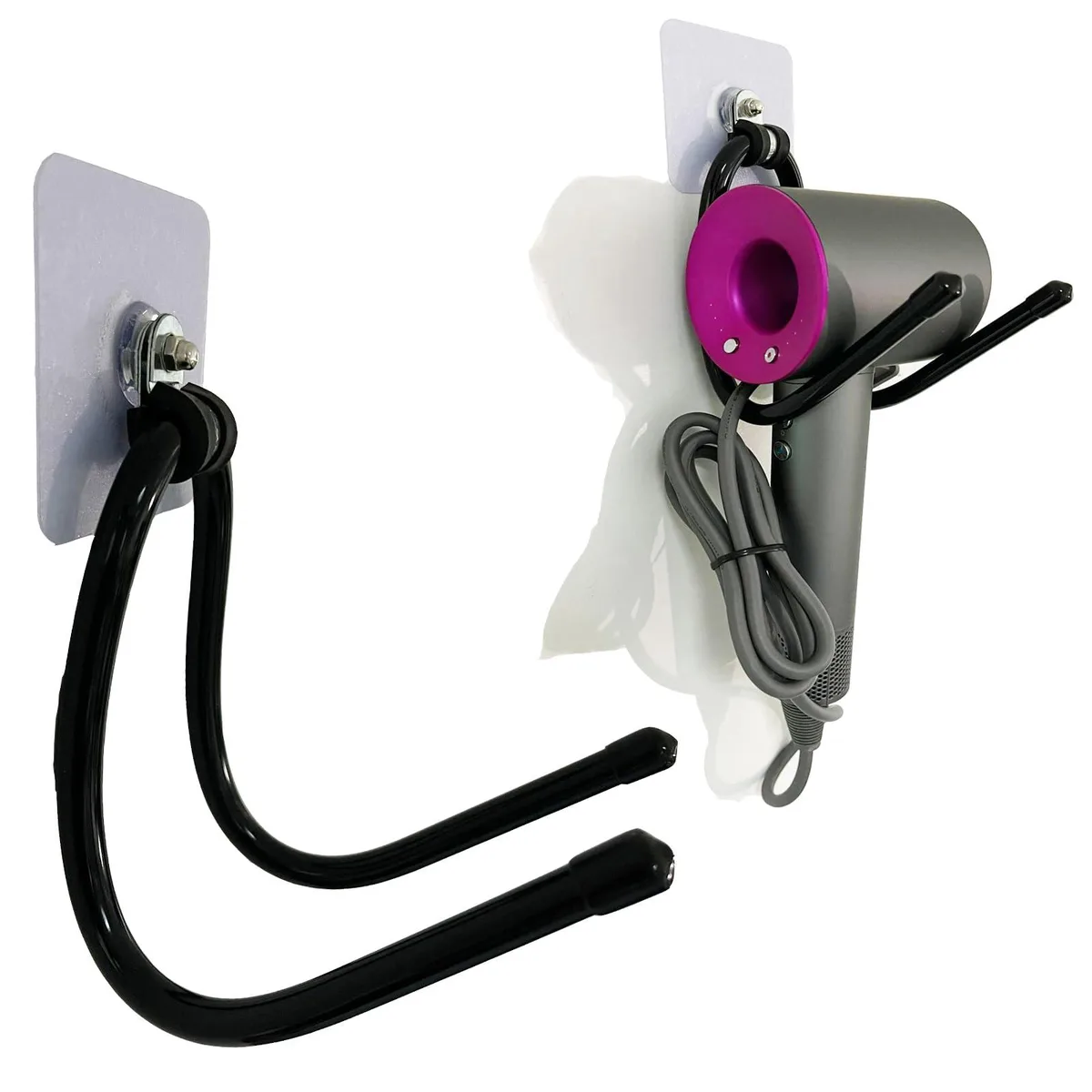 Black metal wall-mount rack with rubber-coated hook for hair dryer storage
