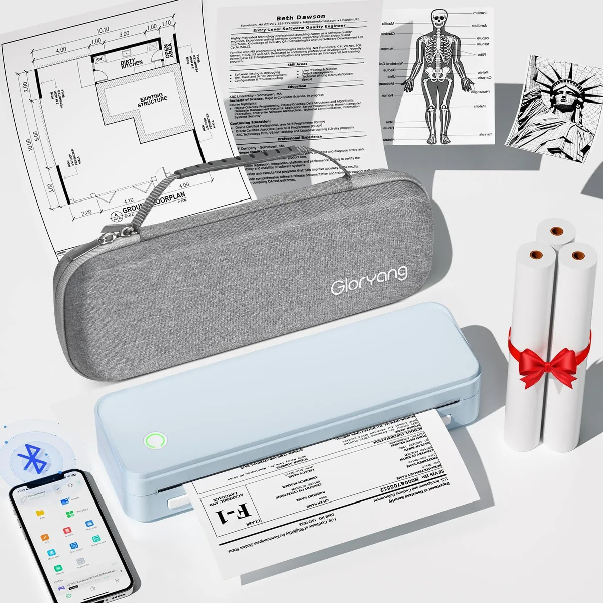 Compact blue thermal receipt printer with carry case and paper rolls