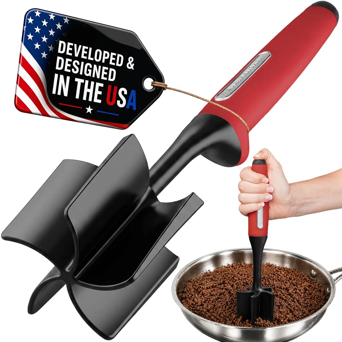 Red nylon five-blade meat chopper with soft grip handle