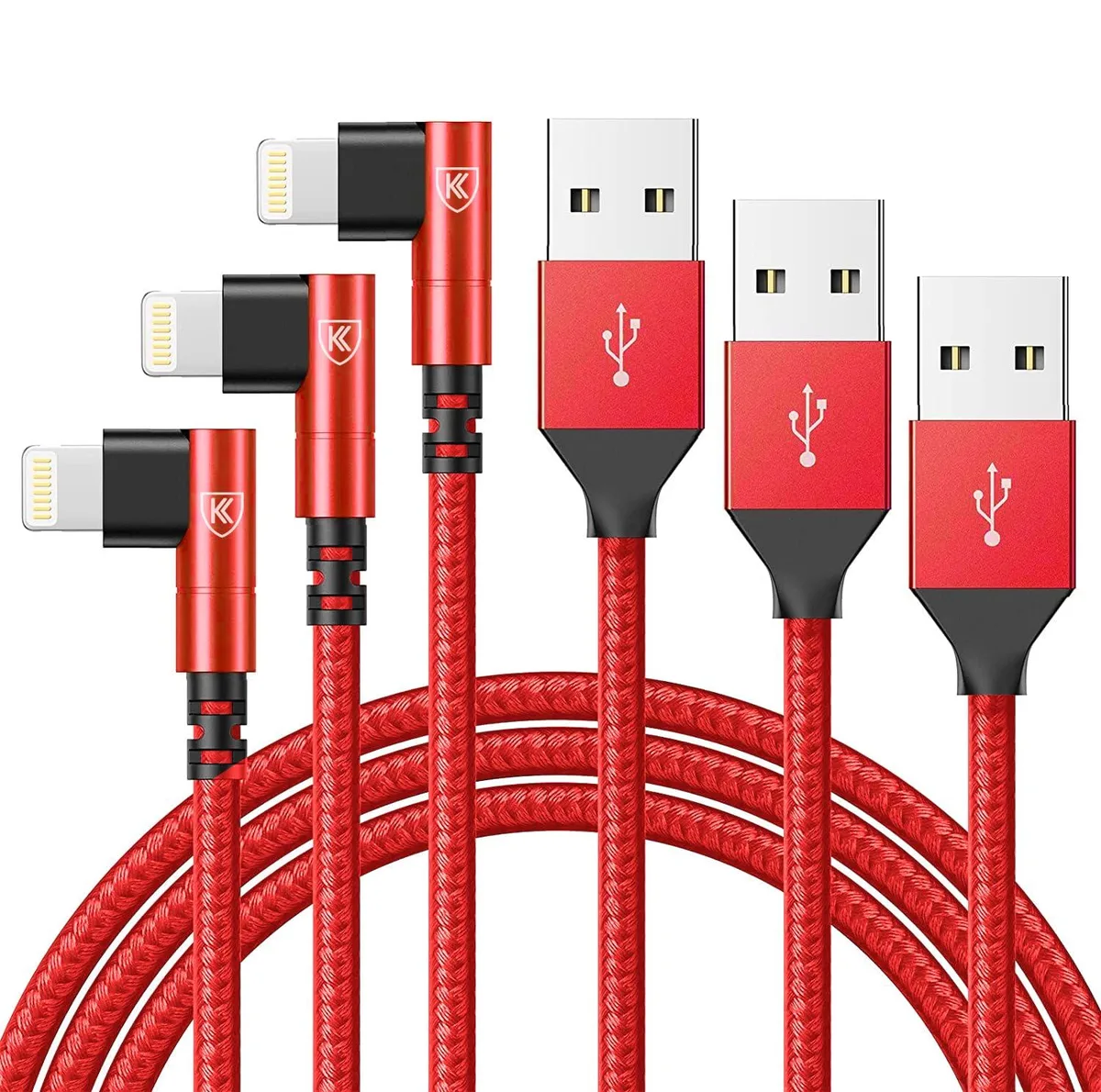 Three red nylon-braided Lightning cables with 90-degree connectors, 6ft long