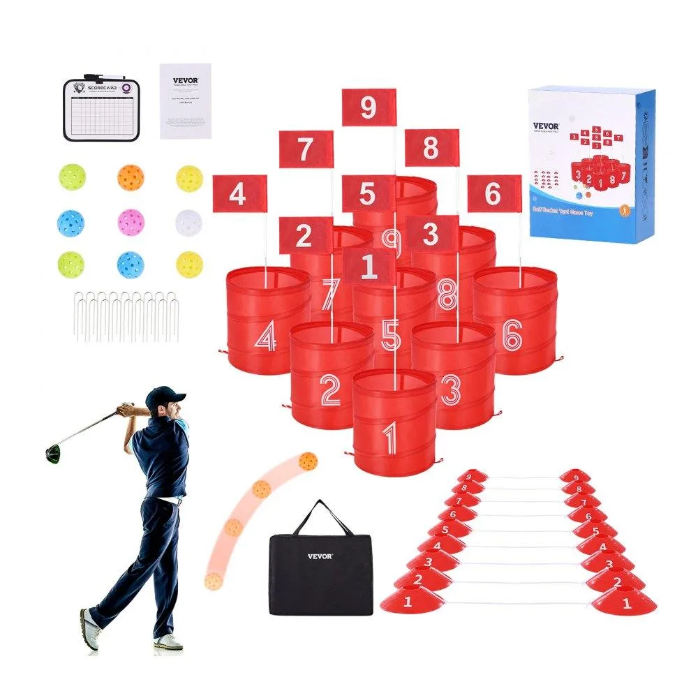 Nine fabric buckets with flags and tee boxes on grass