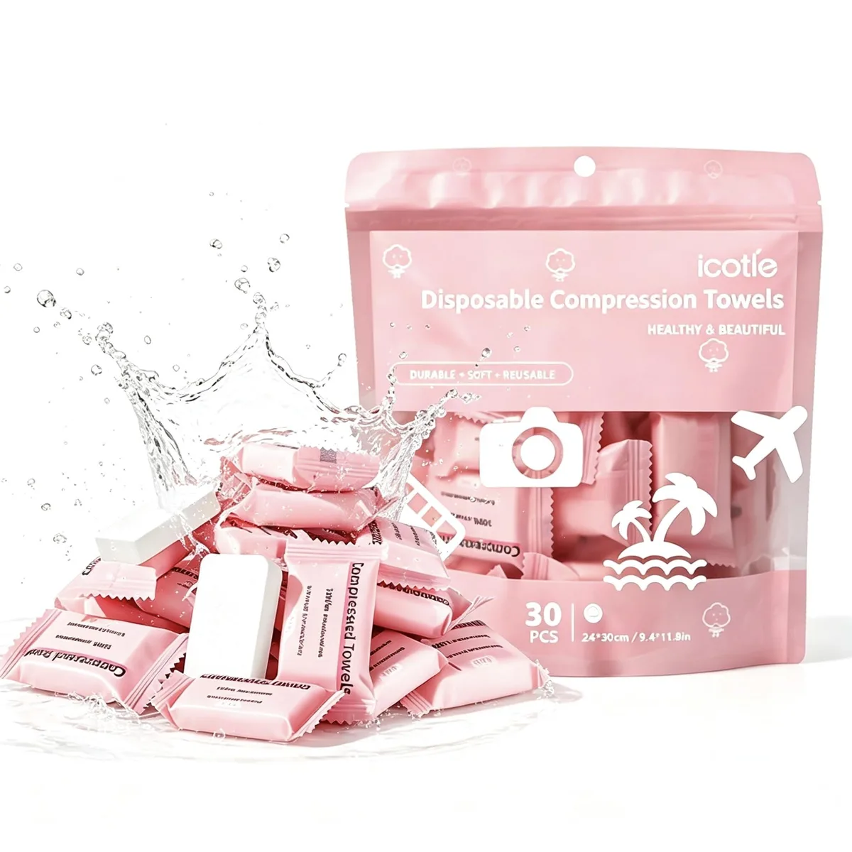 A stack of 30 individually wrapped compressed towel tablets, each .39 by 2.56 inches, expanding to 24 by 30 cm plant-fiber cloths