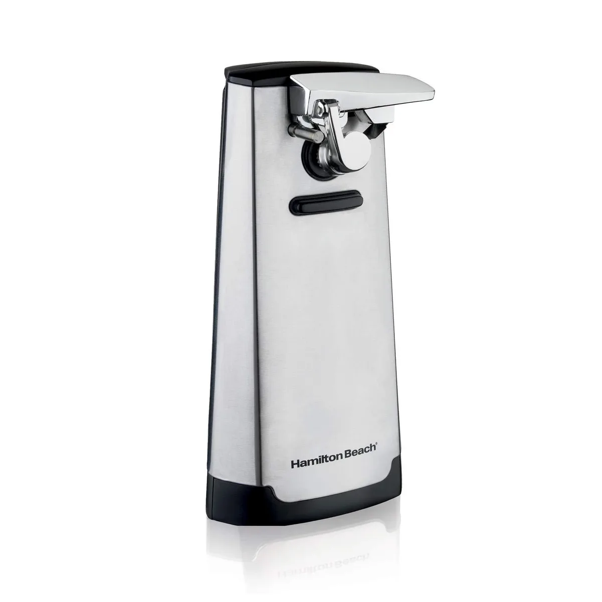 Tall brushed stainless steel electric can opener with detachable cutting lever and built-in knife sharpener