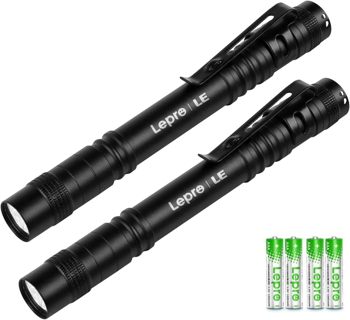Two slim silver pen flashlights with pocket clips lying side by side