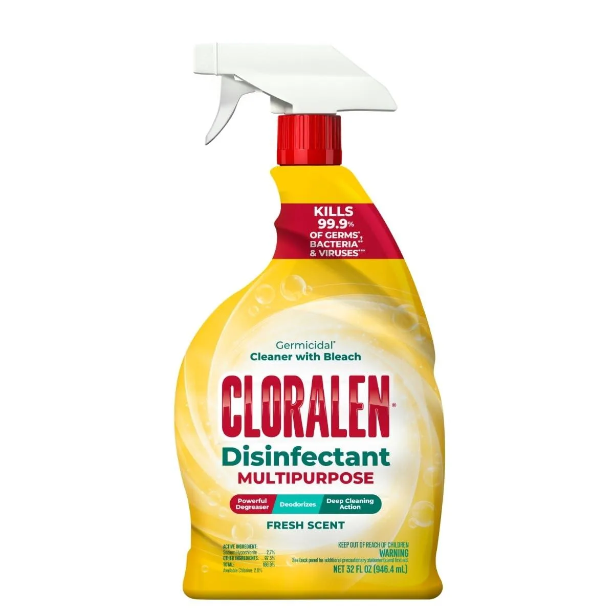 White trigger-spray bottle, 32 fl oz, fresh-scent all-purpose cleaner with bleach