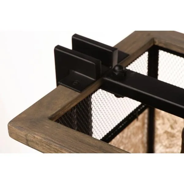 Five-light pendant with barn wood frame black brackets brass sockets mesh screen mica band 12 inches wide