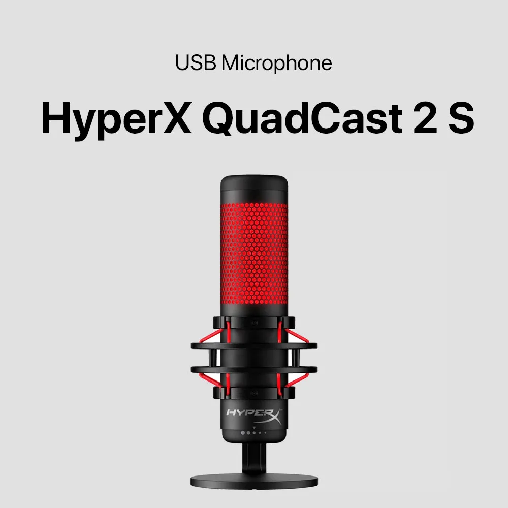 Black cylindrical USB microphone with tapered grille and integrated stand