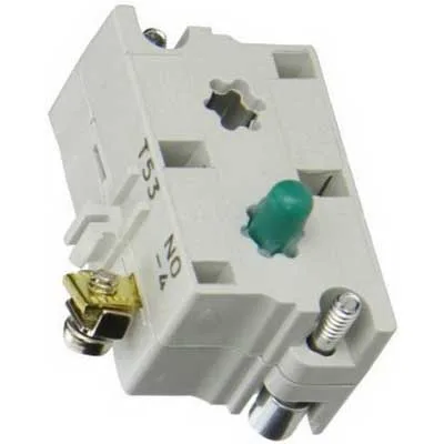 Gray rectangular contact block with silver terminals