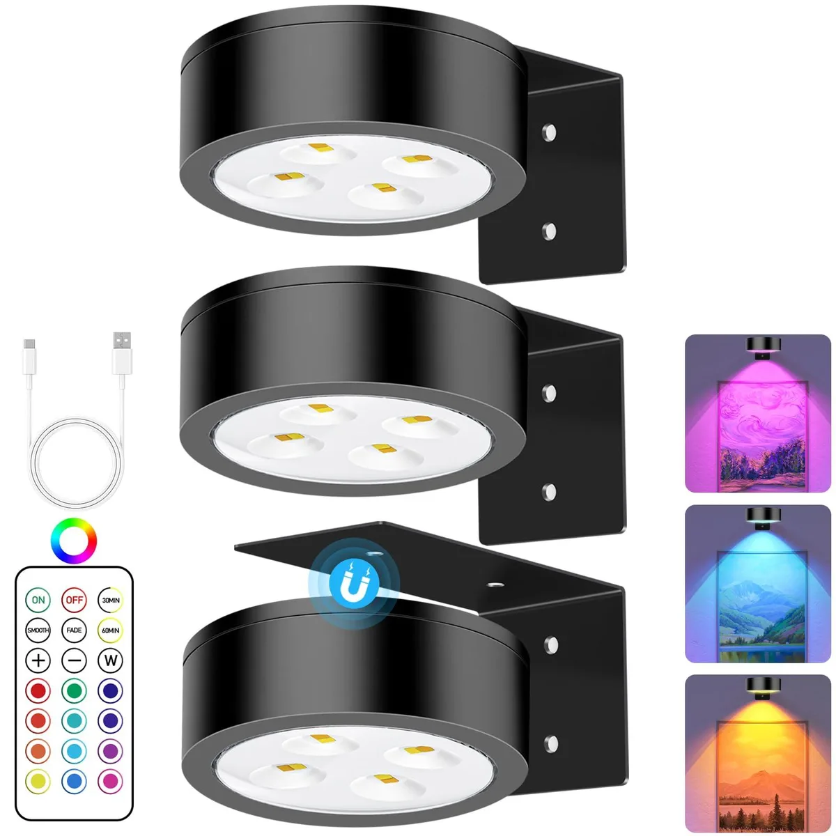 Three black rectangular LED picture lights with magnetic brackets and remote control