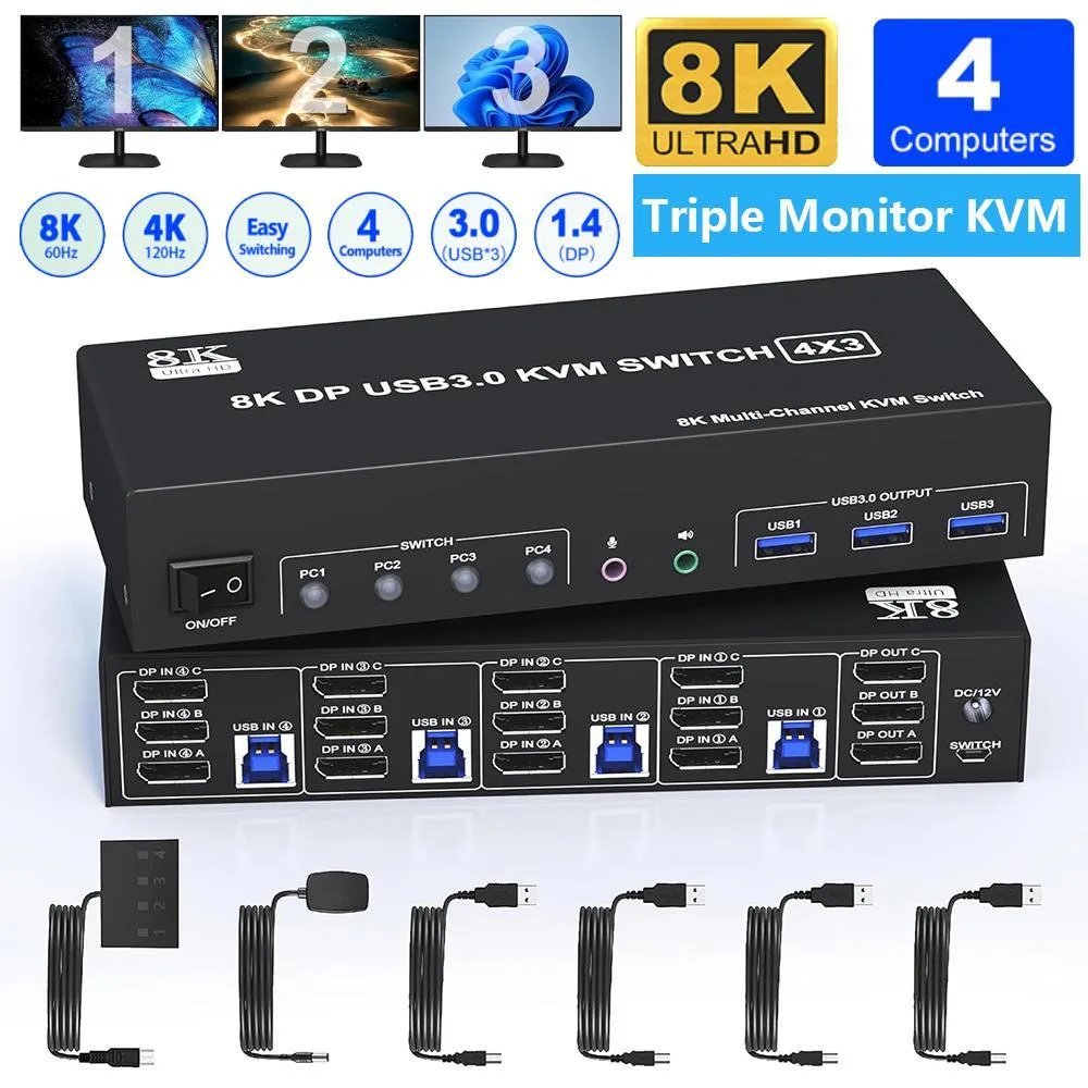 WRIARICH WRIARICH 8K@60Hz 4-Port 3-Monitor DP1.4 KVM Switch — product photo