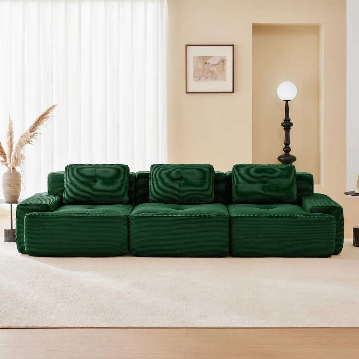 Green corduroy modular sectional sofa, 117 inches wide, deep seat with tufted design and pearl piping