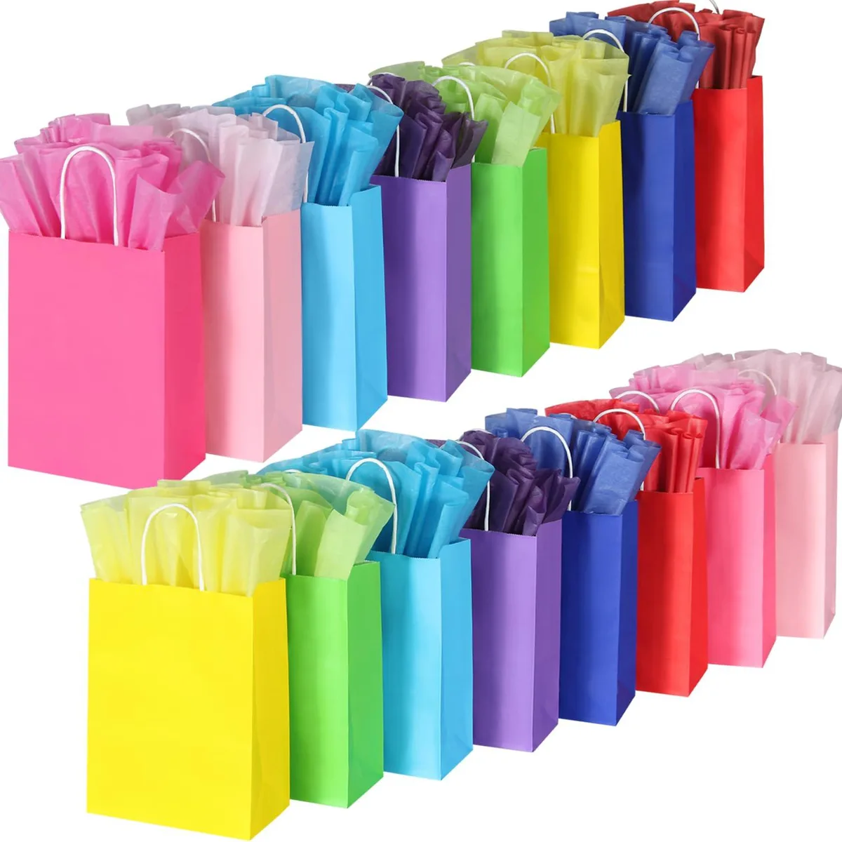 32 small kraft gift bags with handles and matching tissue paper in eight colours