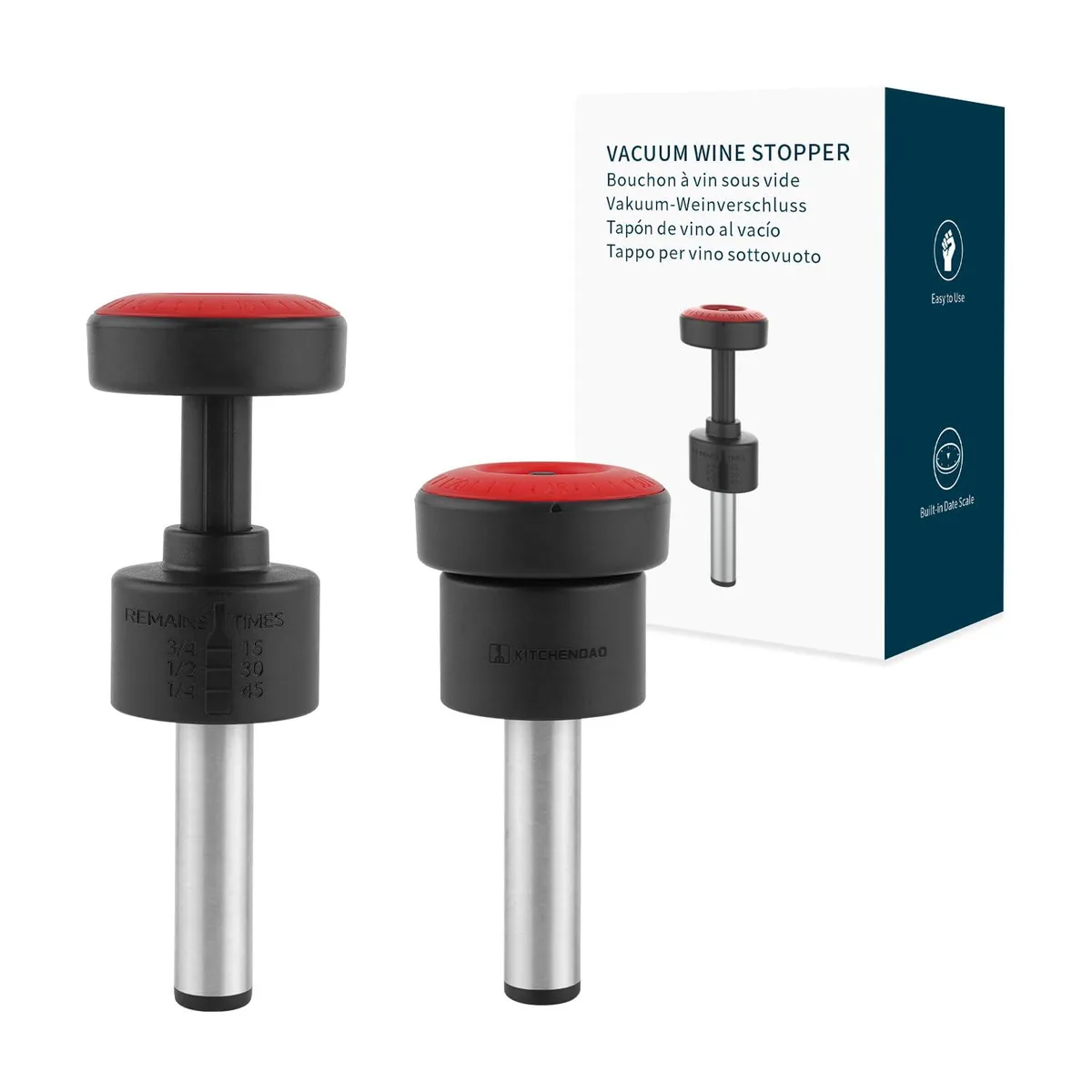 Set of seven stainless-steel vacuum wine stoppers with built-in pumps and date markers