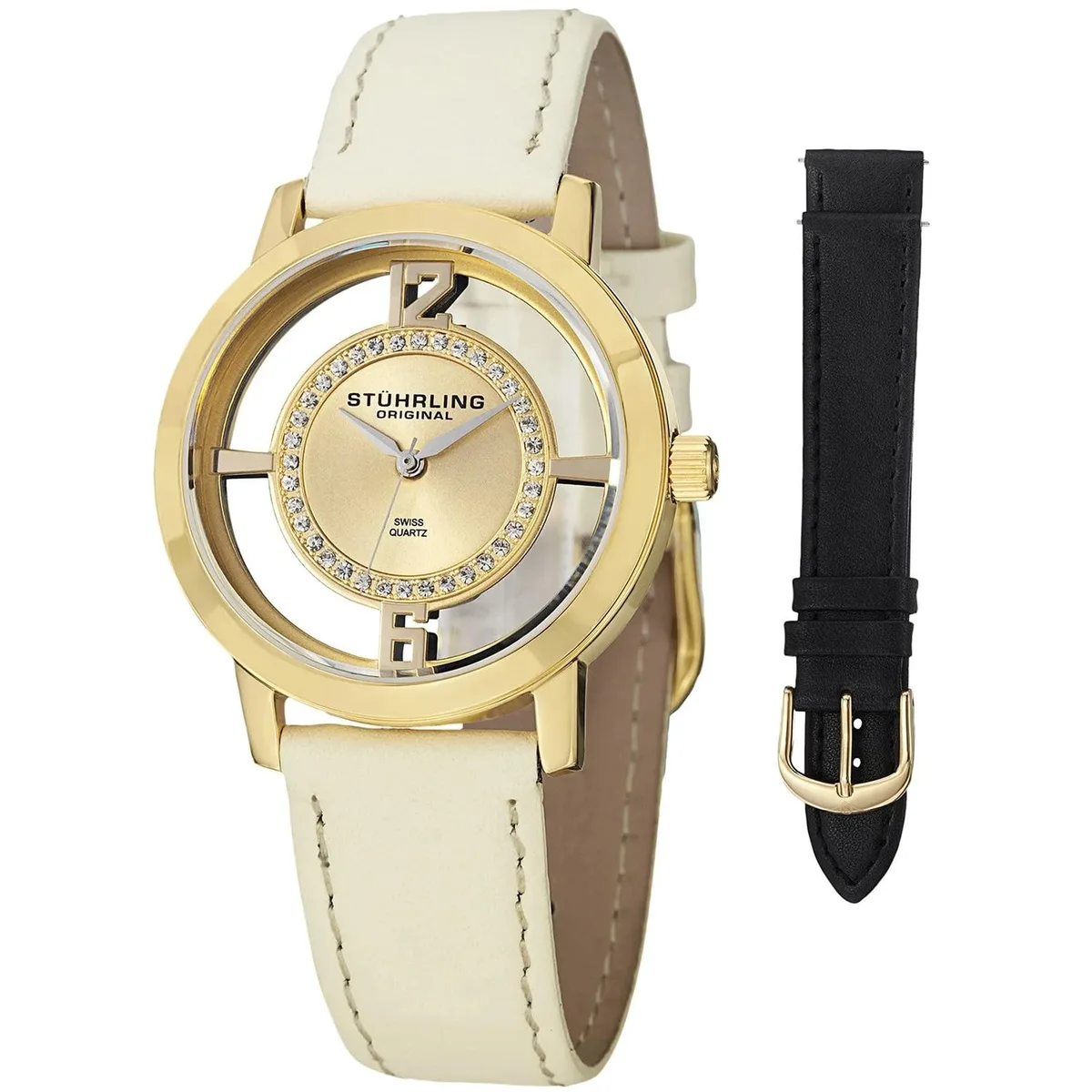 Gold dial stainless steel watch with leather strap