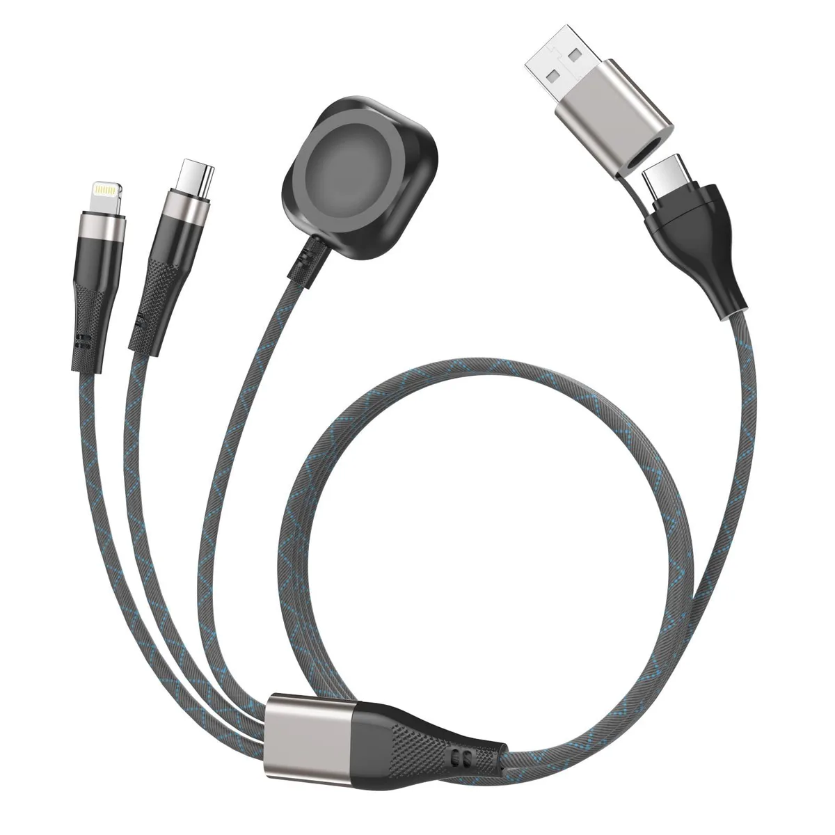 Blue and black braided cable with magnetic watch charger, Lightning and USB-C connectors