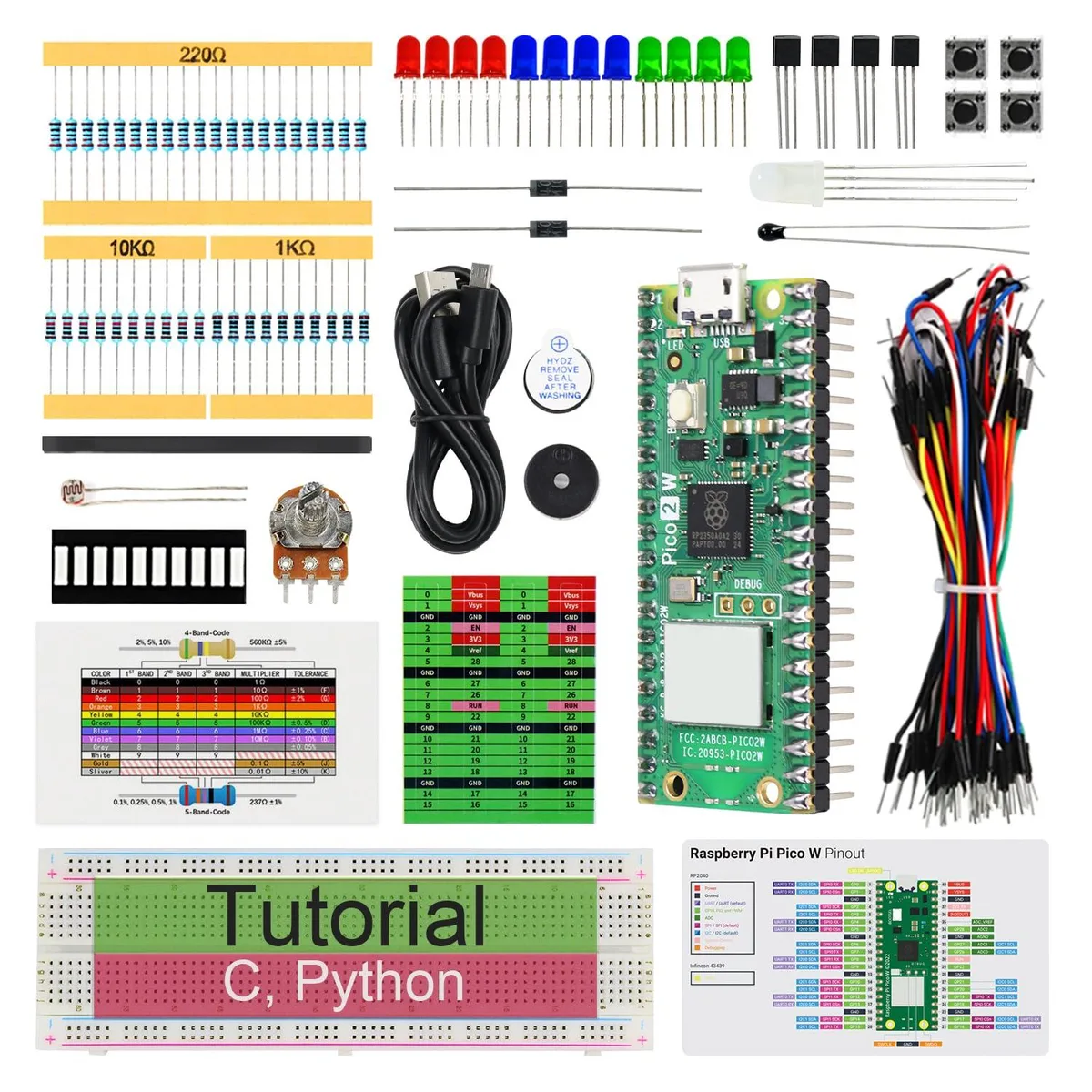 KEHIPI KEHIPI Basic Starter Kit for Raspberry Pi Pico 2 W, 142 Items, 55 Projects — product photo