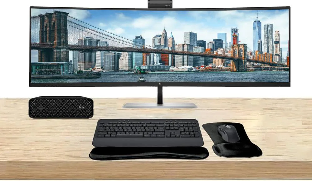 HP HP Z2 Mini G9 i7-14700 16GB 512GB desktop PC bundle with 49" 549pm monitor MK650 keyboard mouse — product photo