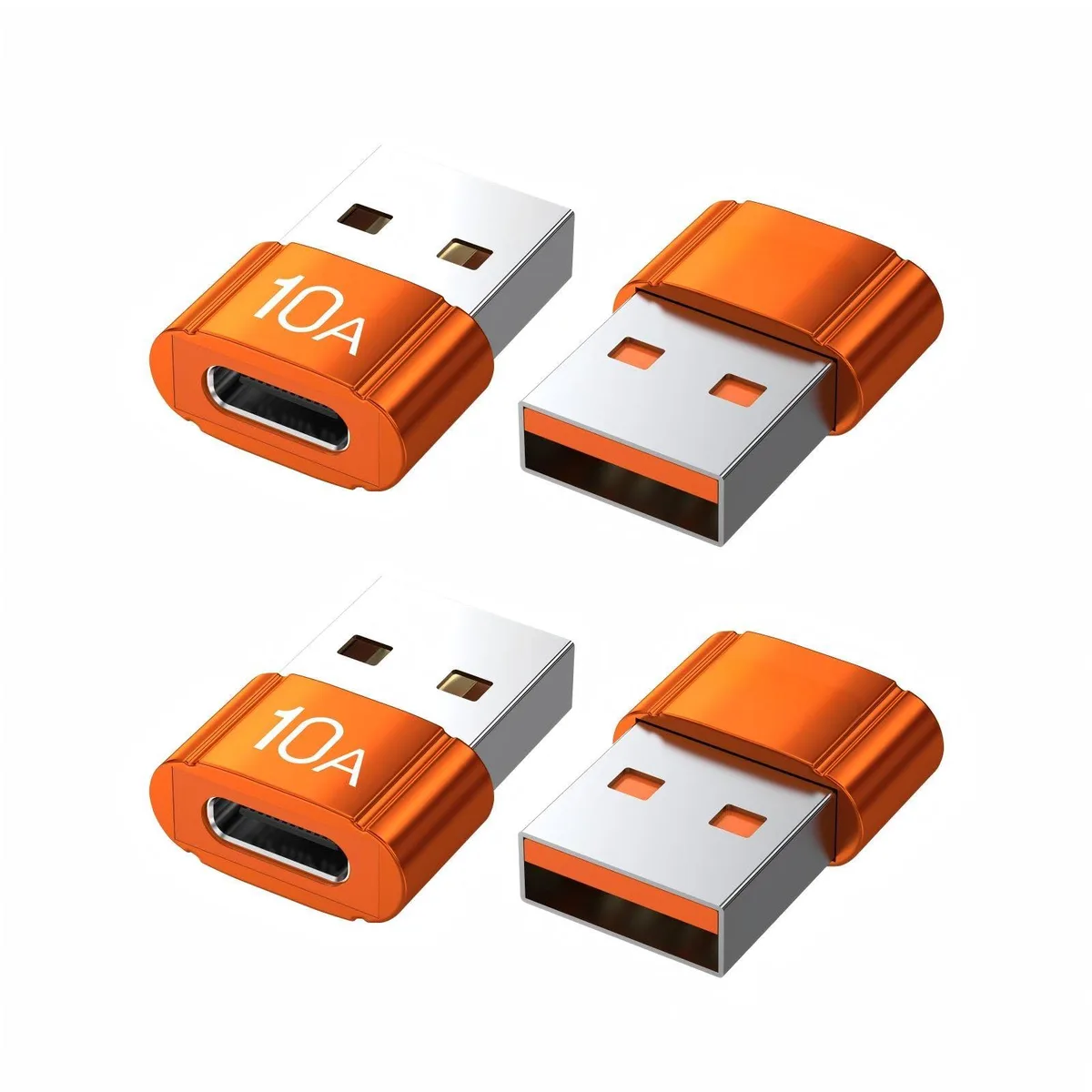 Four small orange USB-C to USB-A adapters side by side