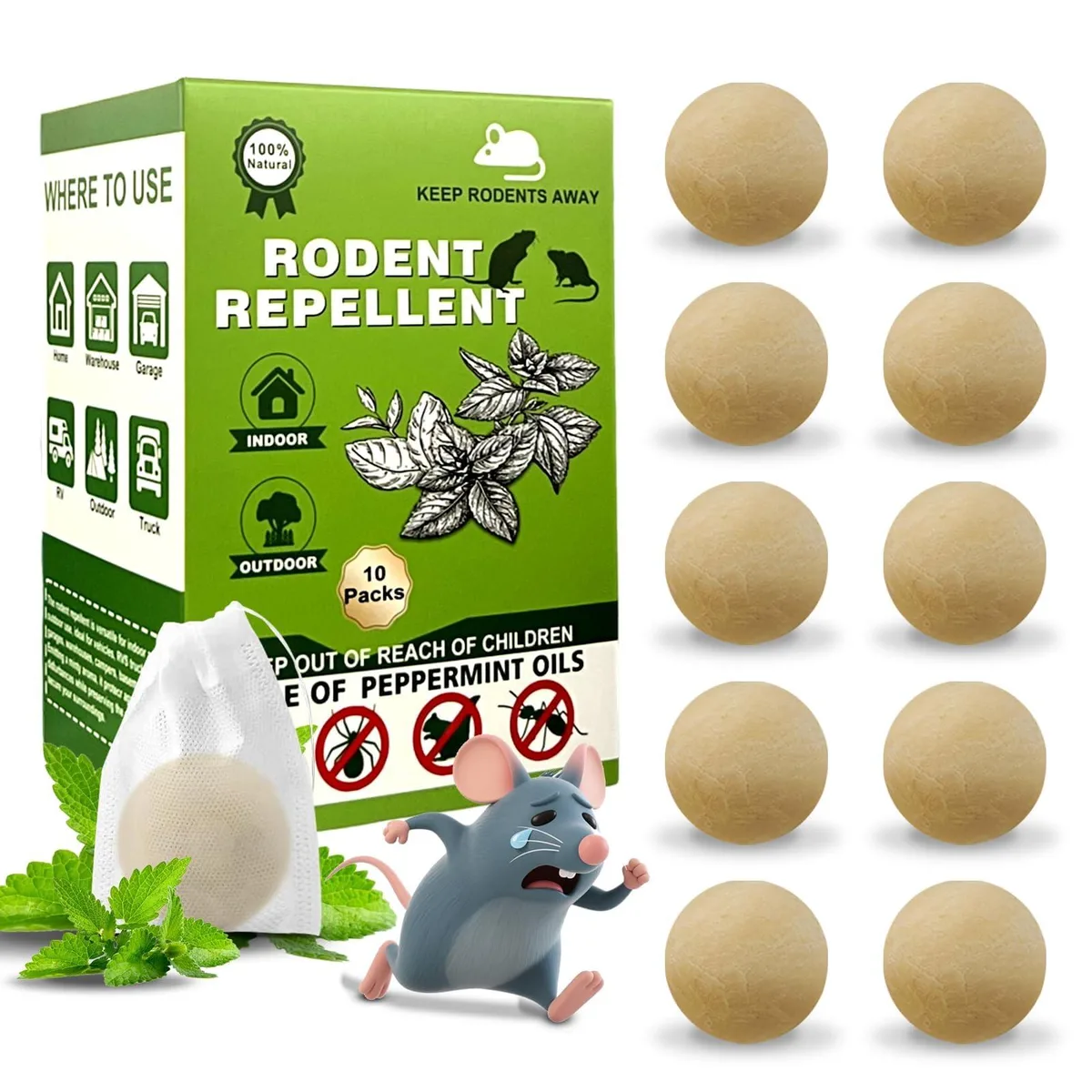 Ten small peppermint-scented repellent balls in a pack