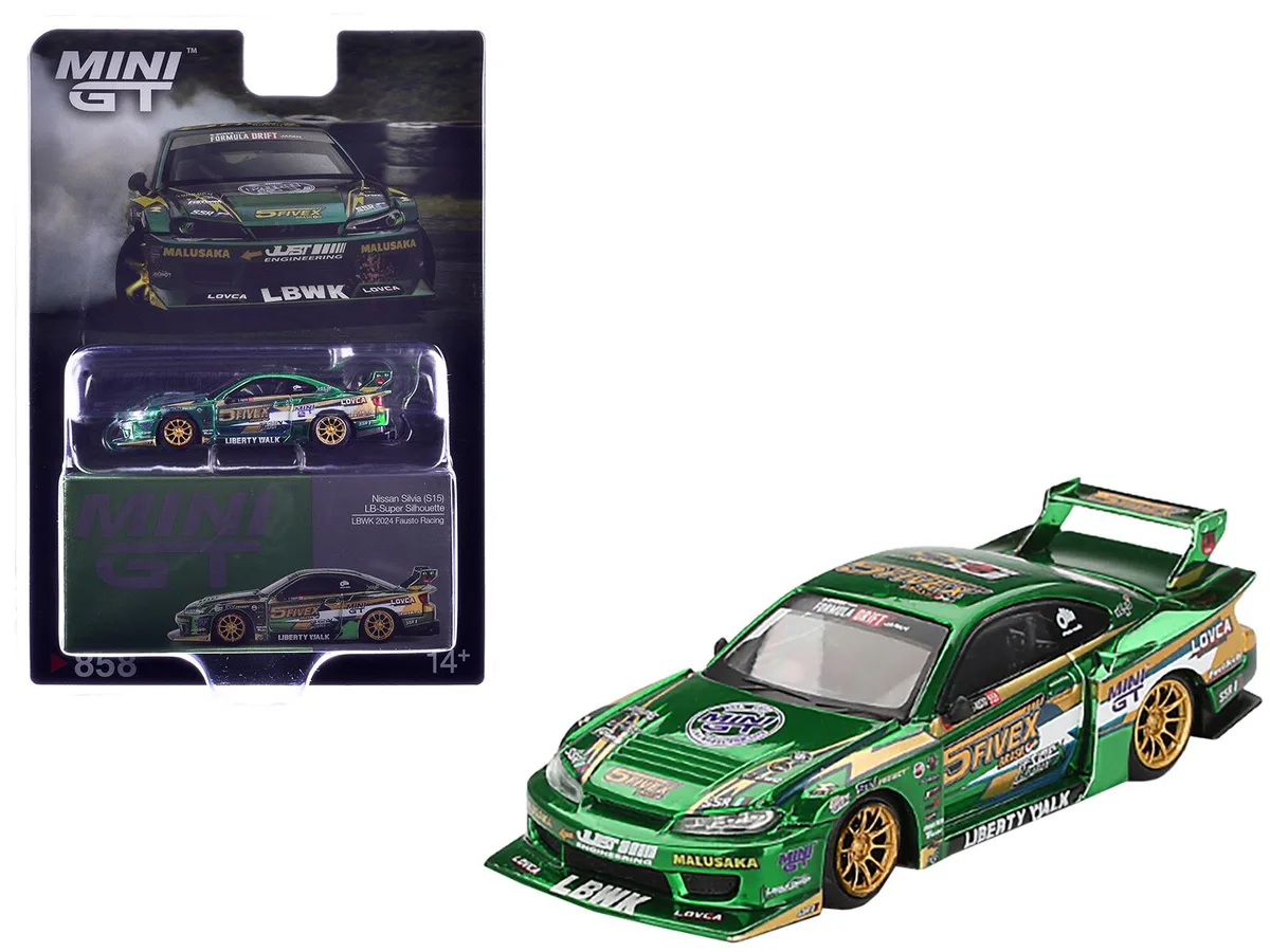 Mini GT Mini GT Nissan Silvia S15 LB-Super Silhouette RHD Fausto Racing 2024 Green Metallic 1/64 Hobby Collectible — product photo