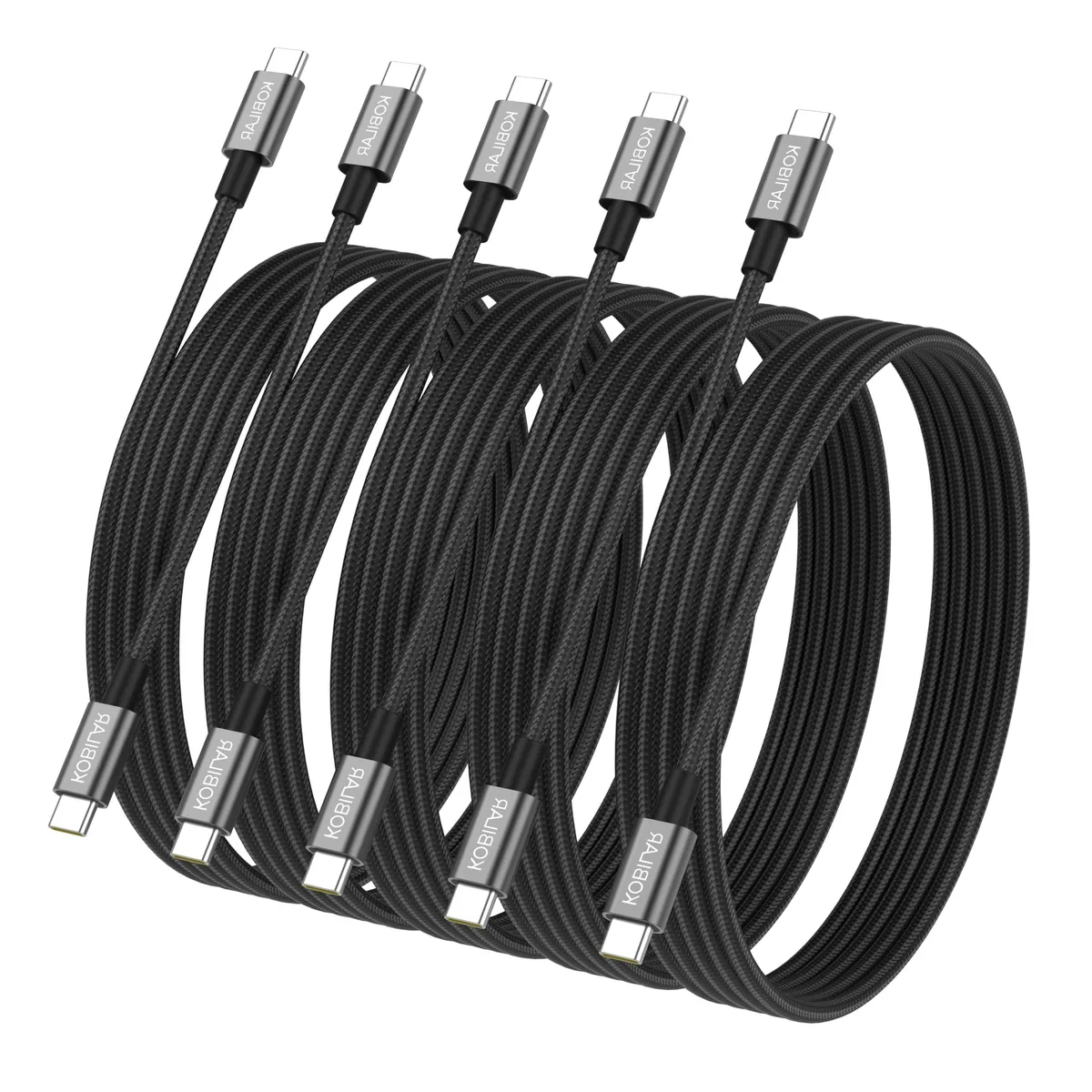 Five grey braided USB-C cables with sandblasted aluminium connectors