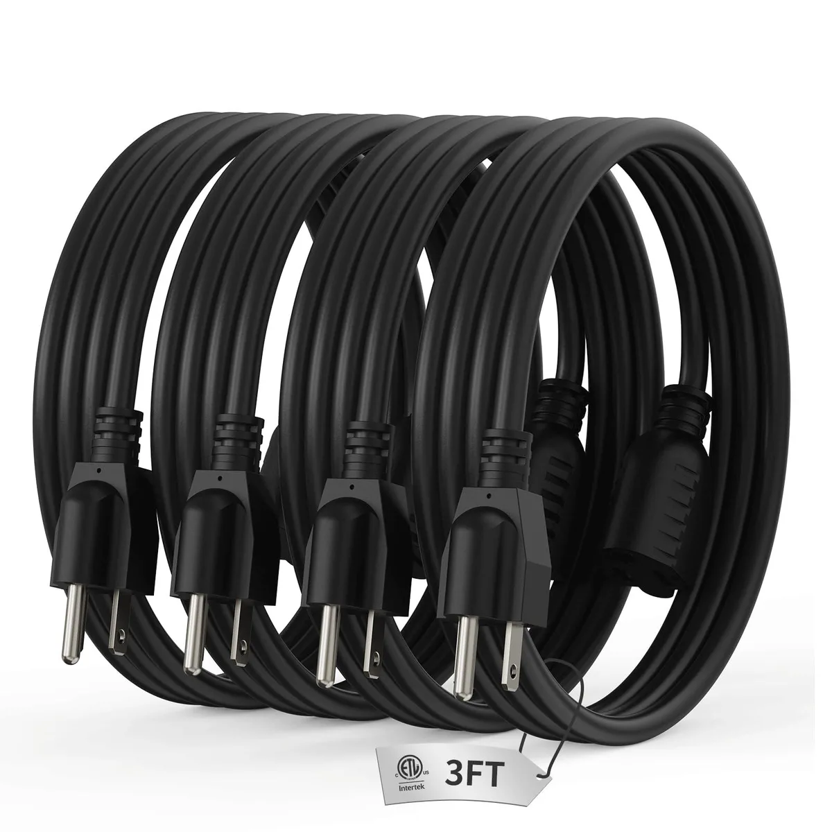 PLUGTUL P3+SJTW 3ft 16AWG Power Extension Cord 4 Pack Black — product photo