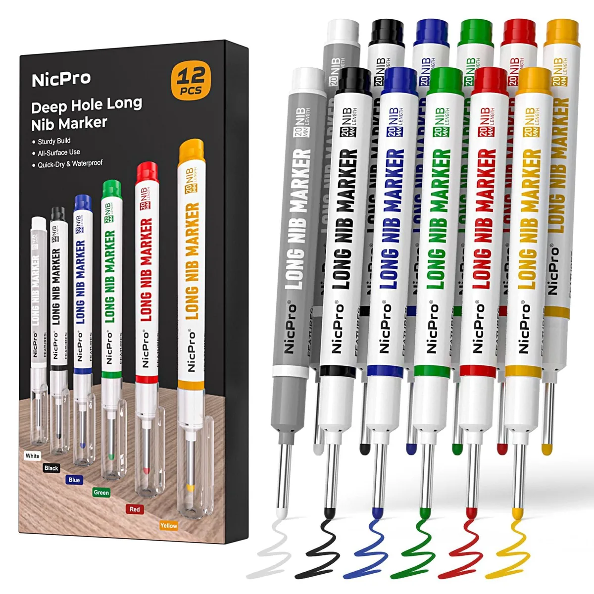  Nicpro 12 Pcs Long Nib Marker Pens 20mm x 1.5mm Multicolor — product photo