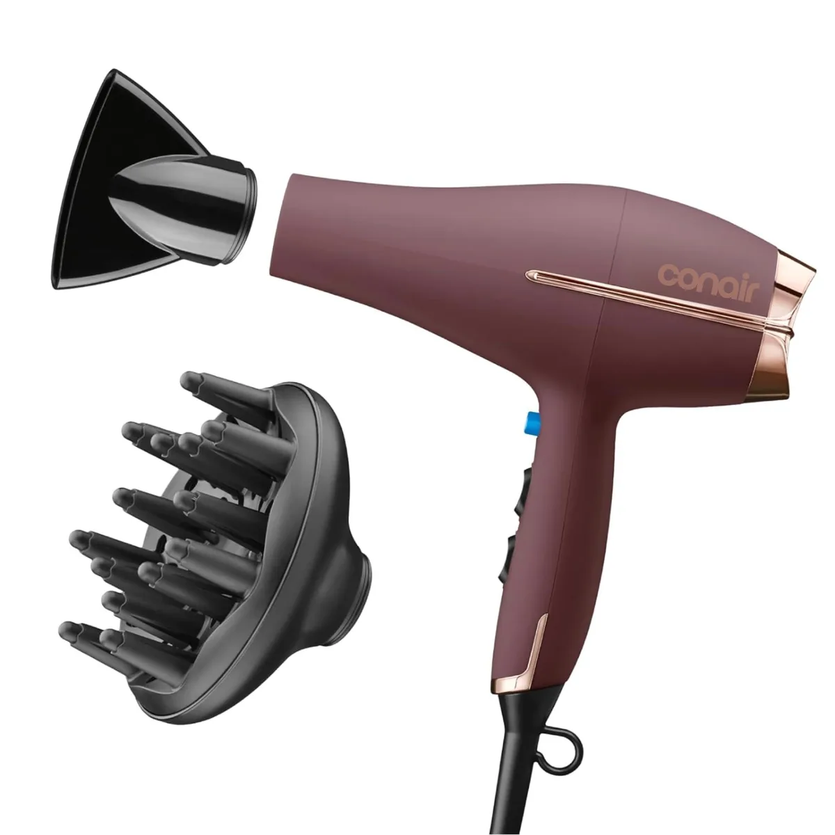Plum hair dryer with diffuser and concentrator attachments