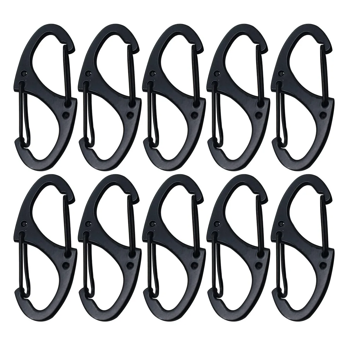 Ten small black metal double-sided carabiner clips with spring gates on a plain background