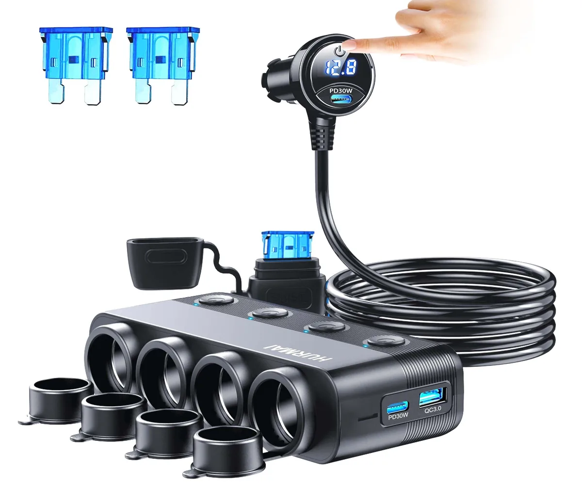  Cable Matters HS75AD 216W 4 Socket Power Splitter Cord with PD30W QC3.0 USB C 12V/24V Switches — product photo