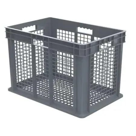 Grey plastic vented storage tote with lid, stackable design, 26.6 gal capacity