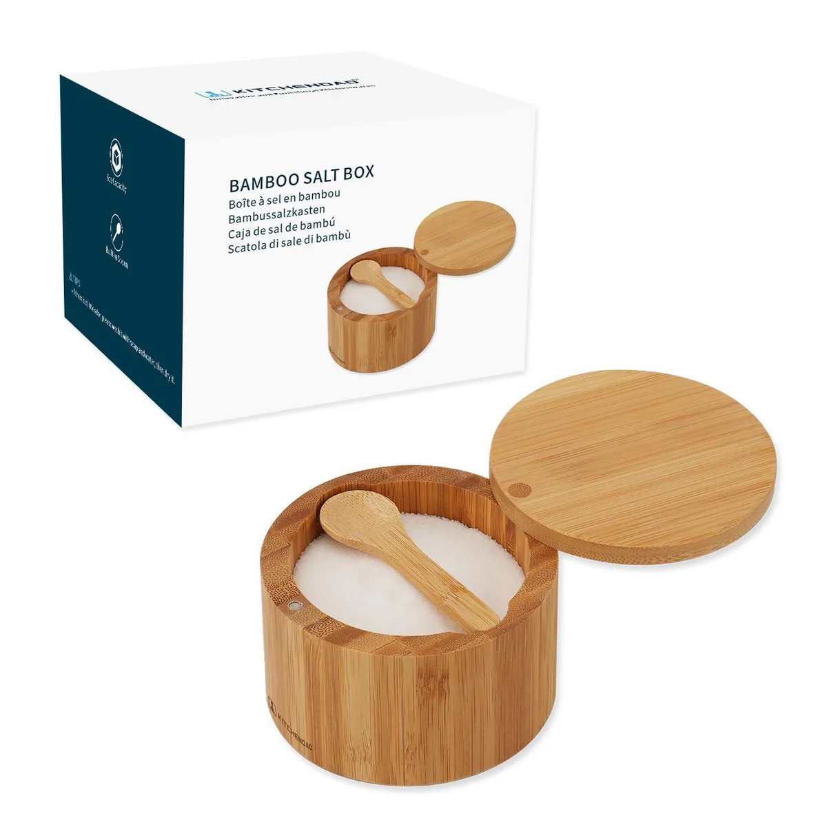 Bamboo cube salt cellar with magnetic swivel lid and built-in spoon