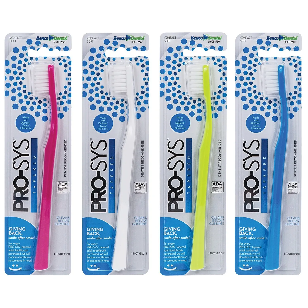 Four manual toothbrushes with tapered soft bristles and ergonomic handles in assorted colours