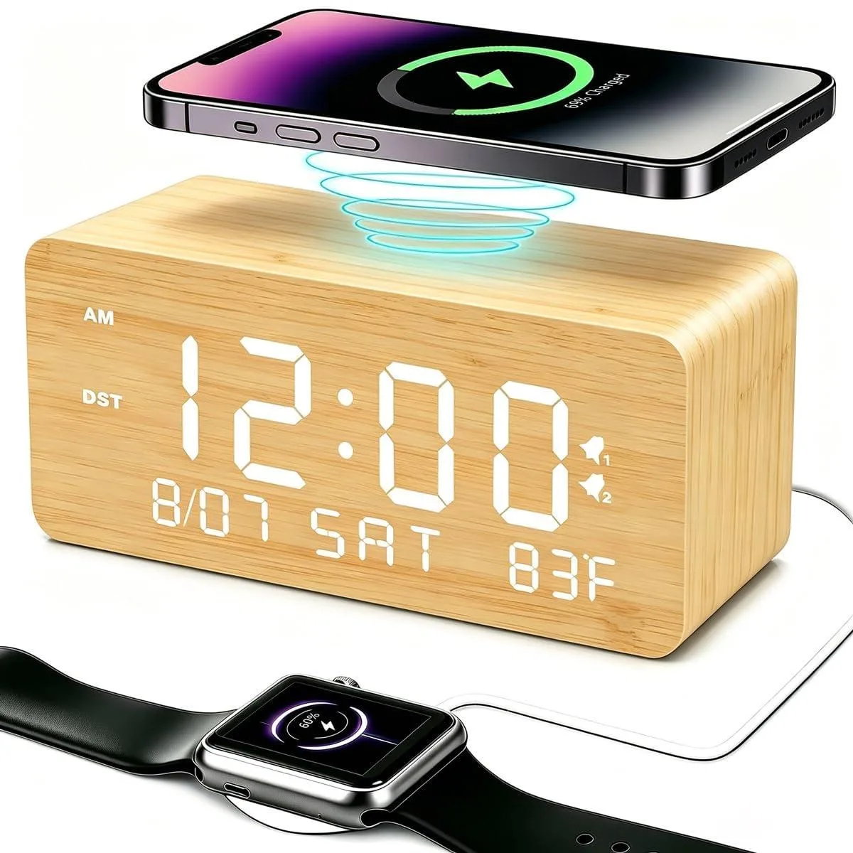Bamboo rectangular digital clock with LED display and wireless charging pad