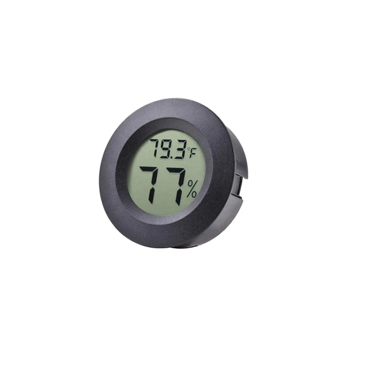 Small round black digital hygrometer thermometer with clear LCD display 1.8 inch diameter