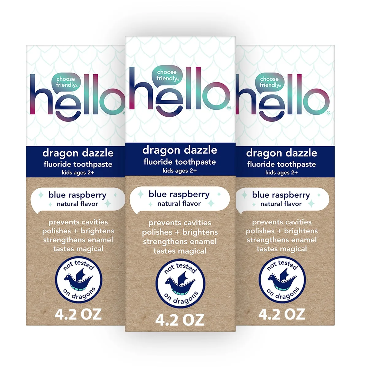 Three white 4.2 oz toothpaste tubes in blue raspberry packaging